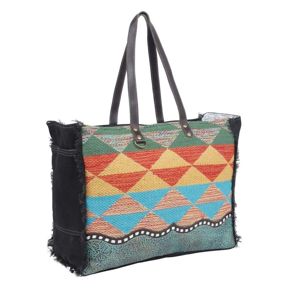 Myra Bag Handmade Jazz Weekender Bag Upcycled Canvas & Cowhide Leather - Picture 8 of 9